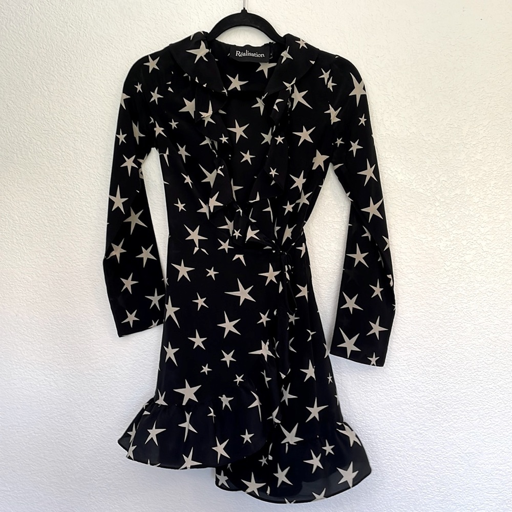 Realisation Par black silk ruffle trim wrap silk dress